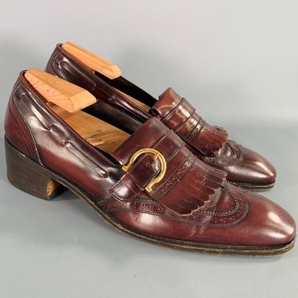 SALVATORE FERRAGAMO Size 8 Burgundy Gold Perforated Leather Wingtip Loafers - Picture 1 of 9